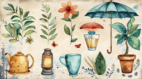 Add a touch of nostalgia with vintage-inspired watercolor clipart of retro objects and motifs photo