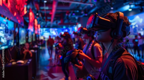 A gamer fully immersed in a VR tournament at an illuminated arcade, with controllers in hand, stands poised amidst the competitive atmosphere of virtual gameplay.