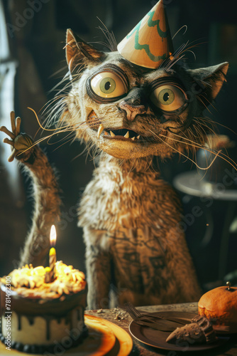 Crazy gray cat in a cap sits at a table next to a cake with a candle. Care and love for pets. Cat birthday. Vertical orientation.