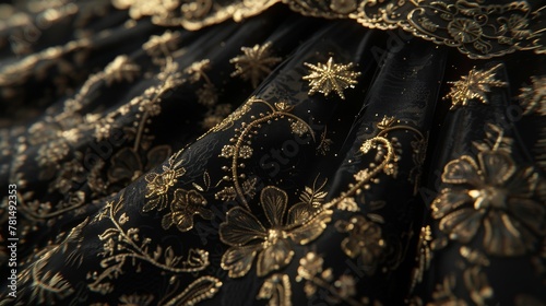 Black evening gown with gold embroidery, dim light, full length, classic glamour