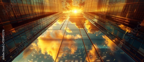 Black glass skyscraper with gold accents, sunset, wide angle, modern luxe photo