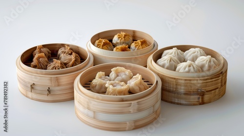 respectively placed siu mai, steamed bun, dumplings, wonton, steaming