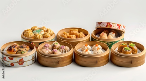 respectively placed siu mai, steamed bun, dumplings, wonton, steaming photo