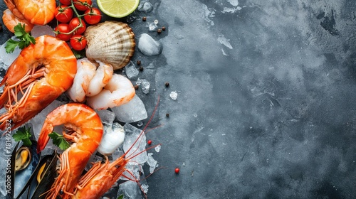Fresh chilled seafood with ice on a grey background with copy space. Top view