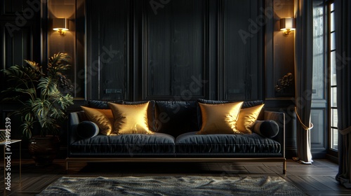 Black therapy couch with gold throw pillow, ambient light, inviting comfort