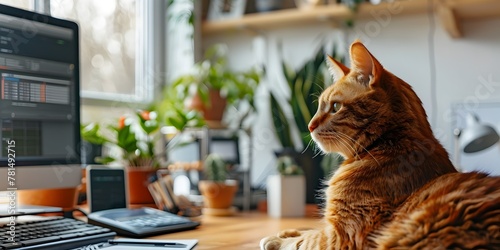 A feline coworker enjoys the comforts of an inviting home office workspace filled with plants and technology description A russet colored feline photo