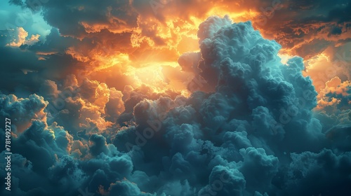 Rays of sunlight through dark, fluffy clouds. Pastel cloud background
