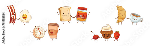 Cute Food Couple with Smiling Face Vector Set