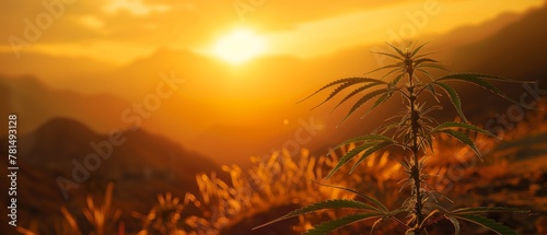 Cannabis plant silhouette against mountain backdrop  growth and adventure