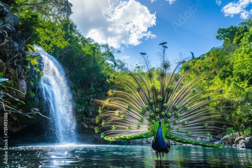 A peacock stands near a waterfall in a lush ecoregion photo