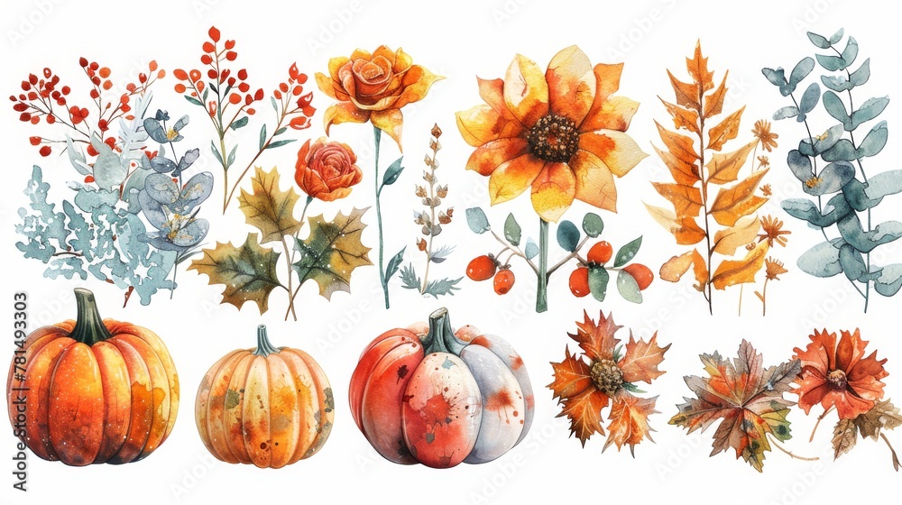 Celebrate the seasons with watercolor clipart of seasonal elements like snowflakes, flowers, and pumpkins