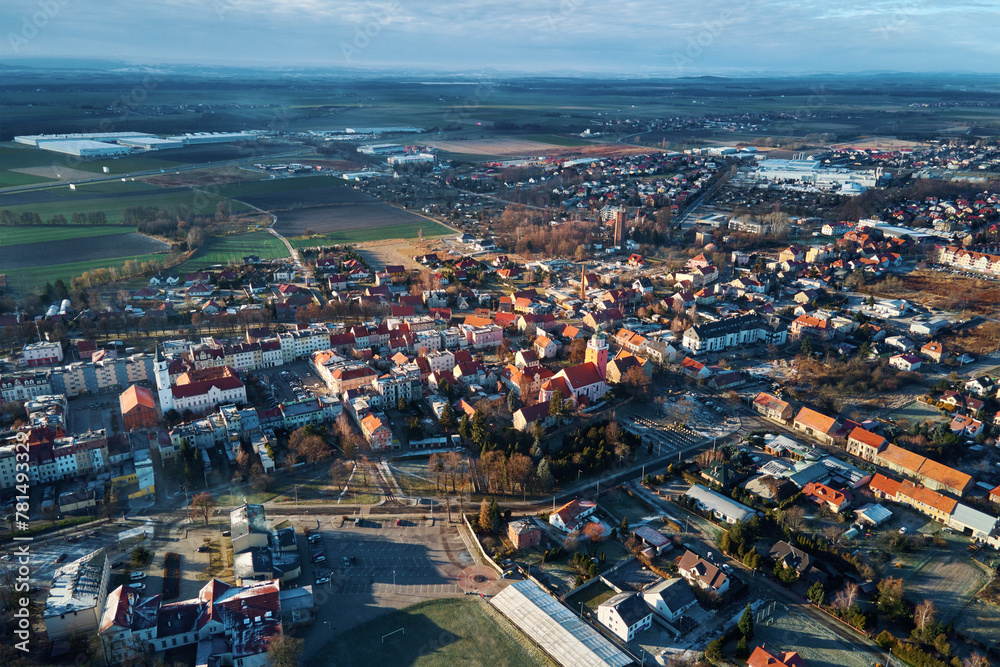 Panorama of small town with living buildings. Aerial view of European suburban neighborhood. Real estate in Poland