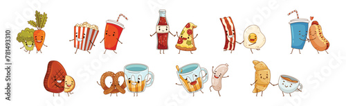 Cute Food Couple with Smiling Face Vector Set