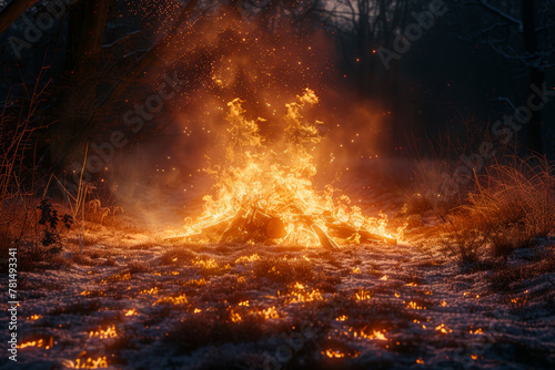The crackling flames of a bonfire dancing in the night, casting flickering shadows on the surrounding trees. Concept of warmth and illumination. Generative Ai.
