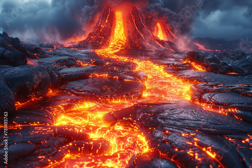 Molten lava flowing from the mouth of an active volcano, glowing red-hot as it carves a path through the rocky terrain. Concept of geological activity and primal energy. Generative Ai.