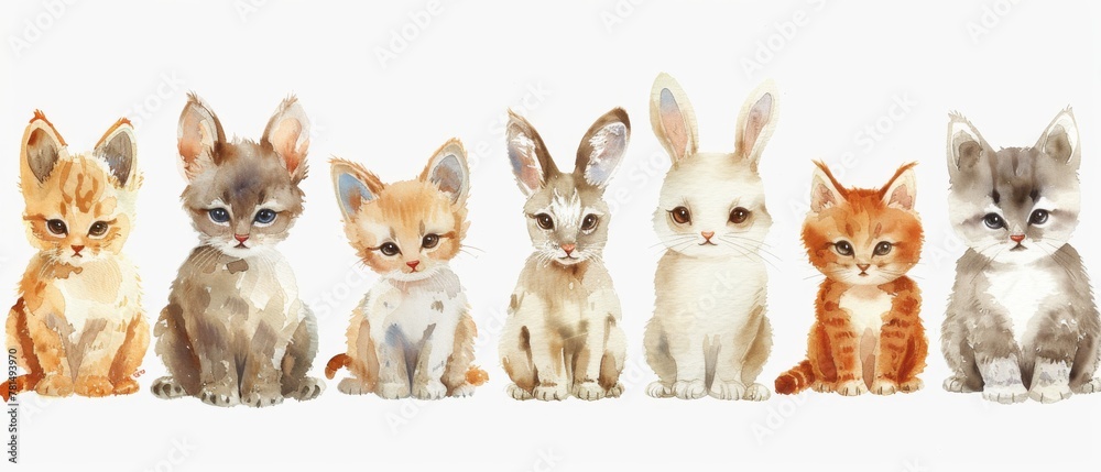 Fototapeta premium Enhance your designs with watercolor clipart of adorable baby animals like puppies, kittens, and bunnies