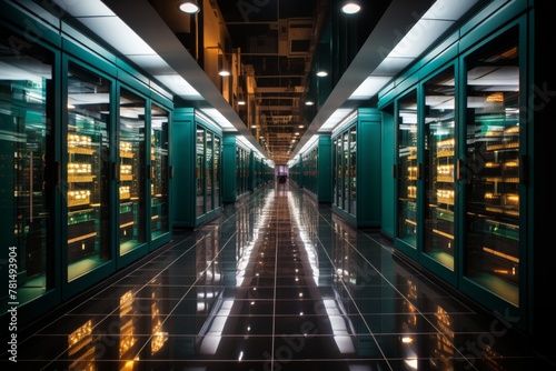 Server room with rows of rack-mounted servers. Supercomputer or mainframe. Data center. Cloud computing and big data storage © anwel