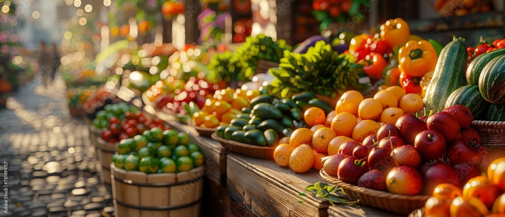 Farmer is  market fresh produce, wide angle, vibrant colors, healthy lifestyle theme