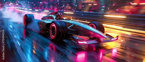 Futuristic racer on neon-lit track, dynamic angle, speed blur, 3D graphics