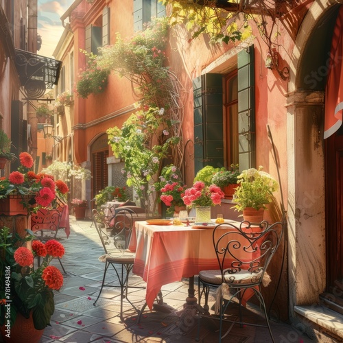Un classico ristorante italiano situato in un pittoresco vicolo storico adornato di fiori