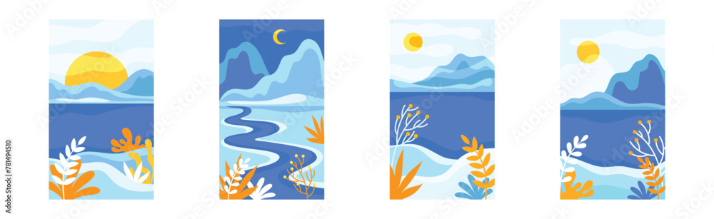 Obraz premium Blue Day and Night Abstract Landscape with Mountains and Sun with Crescent in the Sky Vector Set