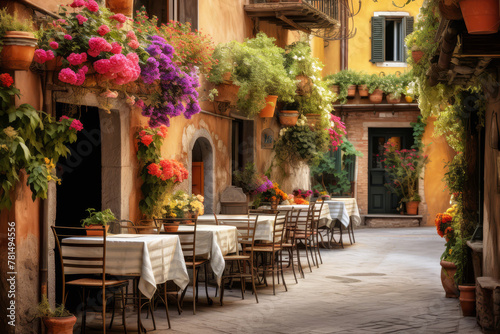 Tipico ristorante italiano nel vicolo storico con vasi di fiori