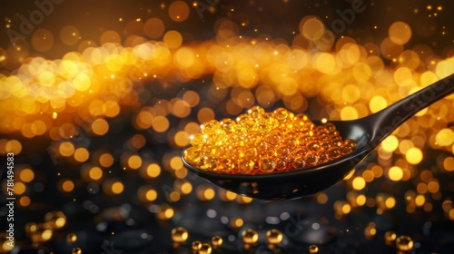 Gold caviar on black spoon, candlelit, close-up, pinnacle of decadence photo