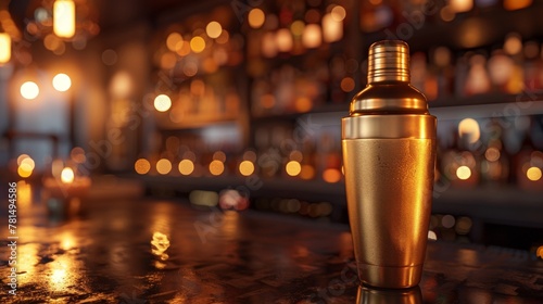 Gold cocktail shaker on black bar, candlelight, close-up, speakeasy vibe photo