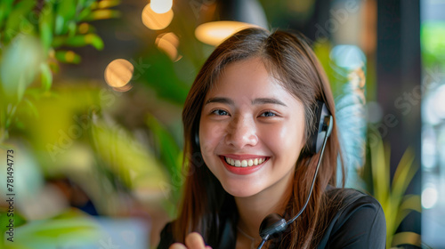Giovane donna asiatica sorridente del call center che fornisce un ottimo servizio clienti