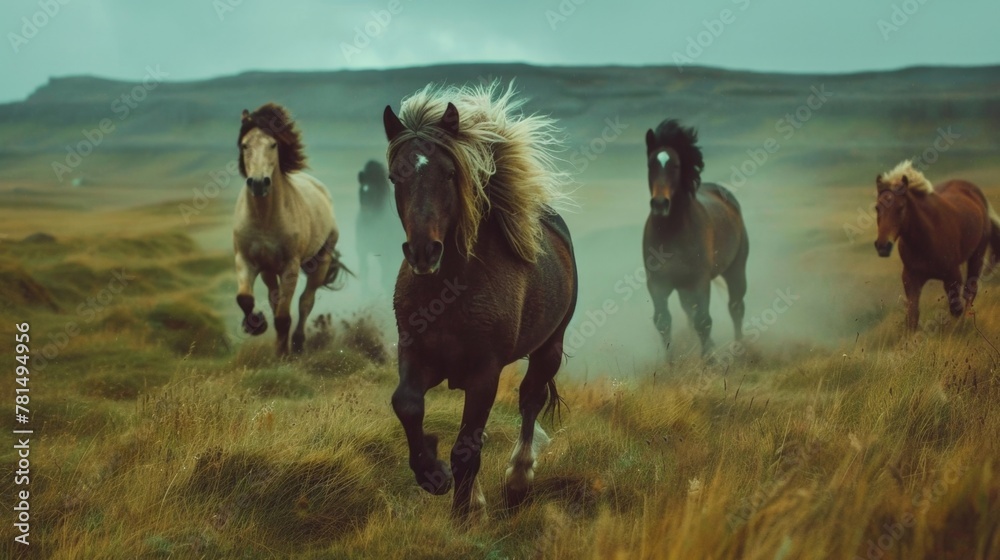 Fotografie Horses running in field with mountain backdrop