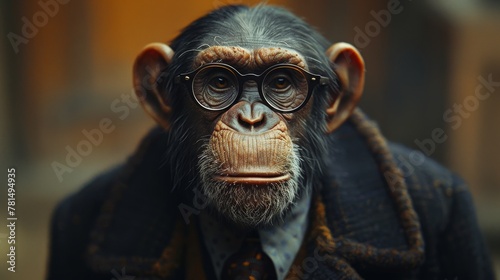 Pensive chimpanzee in stylish attire
