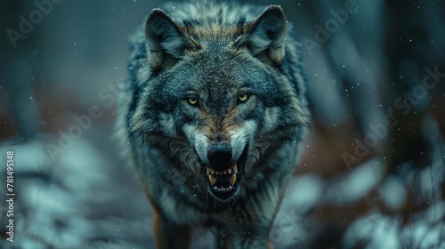 Fierce wolf staring in snowy forest