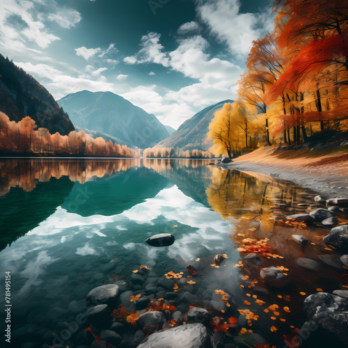 A peaceful mountain lake surrounded by autumn foliage