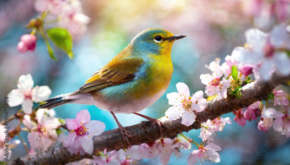 Colorful Bird. Songbird in Cherry Blossoms Colorful Bird. Songbird in Cherry Blossoms