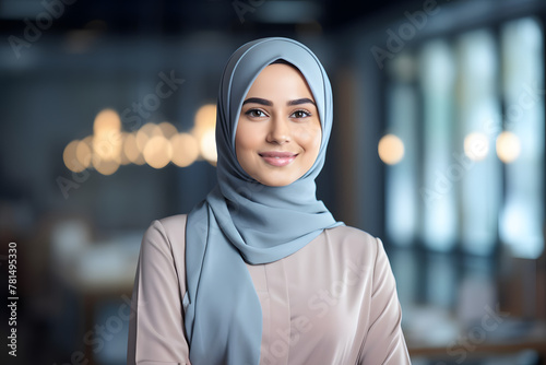 Professional Muslim woman with hijab standing in her office over blured background