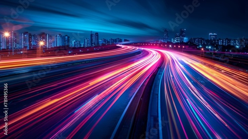 Light trails on city highway at night, long exposure, vibrant lines, urban speed