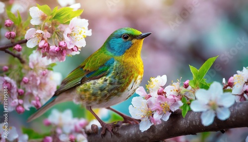  Colorful Bird. Songbird in Cherry Blossoms 