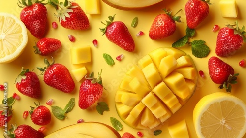 lemon  pineapple  strawberry top view  summer background  international fruits day