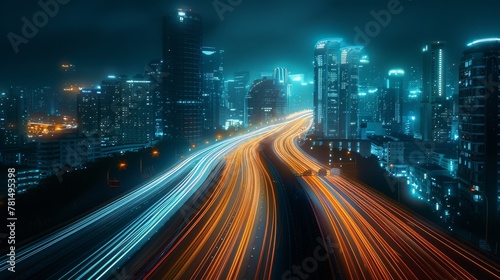 Light trails on city highway at night, long exposure, vibrant lines, urban speed © Pornarun