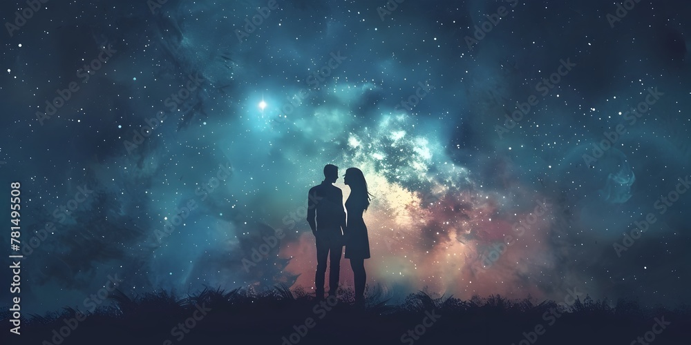 Cosmic Proposal Silhouetted Couple s Intimate Moment Beneath a Distant Supernova s Luminous Embrace