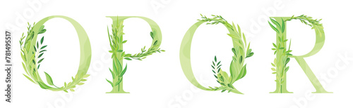 Alphabet Letter Decorated with Green Foliage and Leaf Vector Set