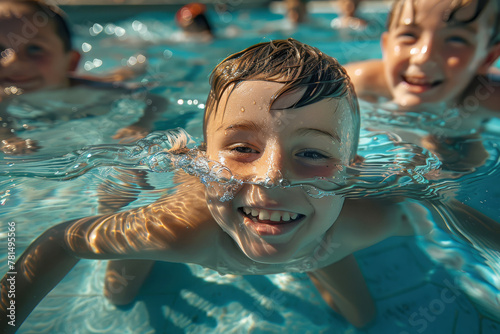 Bambino felice che impara a nuotare durante una lezione in piscina photo