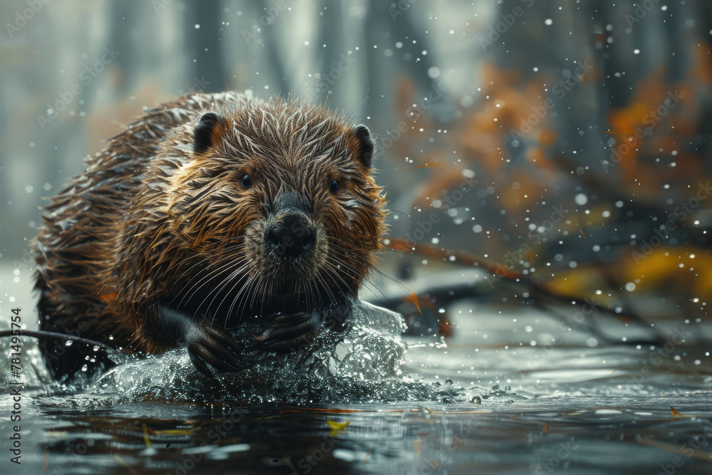 Naklejka premium A diligent beaver constructing a dam on a rushing river, tirelessly hauling logs and mud to shape the landscape and create a habitat for its family. Generative Ai.