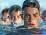 A young man is swimming in a pool with other people. He is wearing goggles and a swim cap