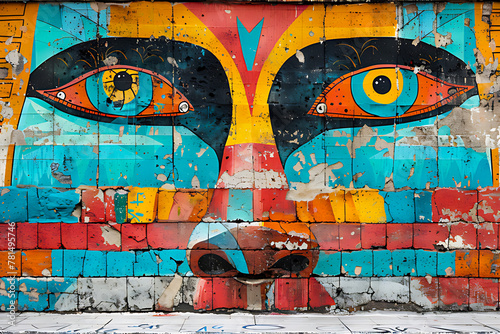 A striking street art mural featuring a colorful, abstract tribal face painted on an urban wall