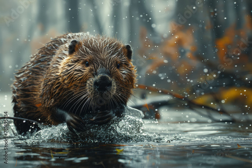 A diligent beaver constructing a dam on a rushing river, tirelessly hauling logs and mud to shape the landscape and create a habitat for its family.  Generative Ai. photo
