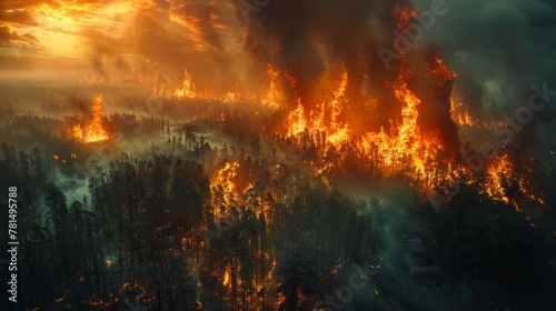 Dramatic landscape of a forest engulfed in flames during sunset