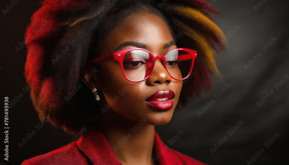 Fashion portrait close-up of a woman in red glasses and beautiful beauty makeup on a dark background Fashion portrait close-up of a woman in red glasses and beautiful beauty makeup on a dark background