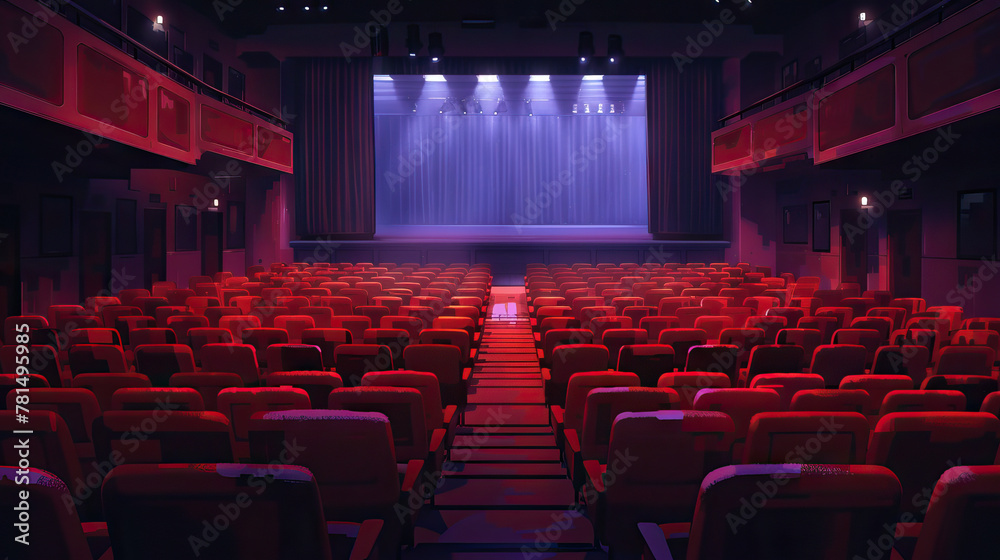 Fototapeta premium Empty Theater: Unoccupied Seats, Silent Stage, and Dimmed House Lights, Picturing the Next Theatrical Performance