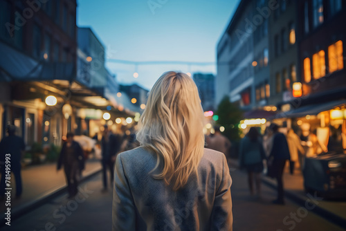 Businesswoman with suit in hand, back view. Business center on background. Modern financial building, cityscape.